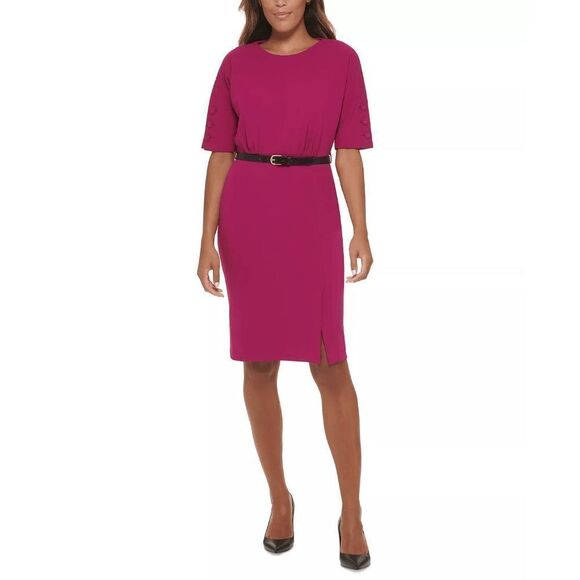 Calvin Klein Women's Petite Belted Button-Sleeve Sheath Dress - Pink 6P - Picture 6 of 8